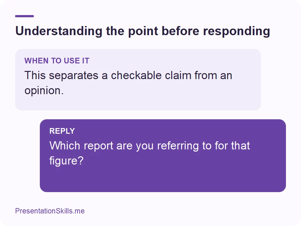 Understanding the point before responding: WHEN TO USE IT: This separates a checkable claim from an opinion. REPLY: Which report are you referring to for that figure?