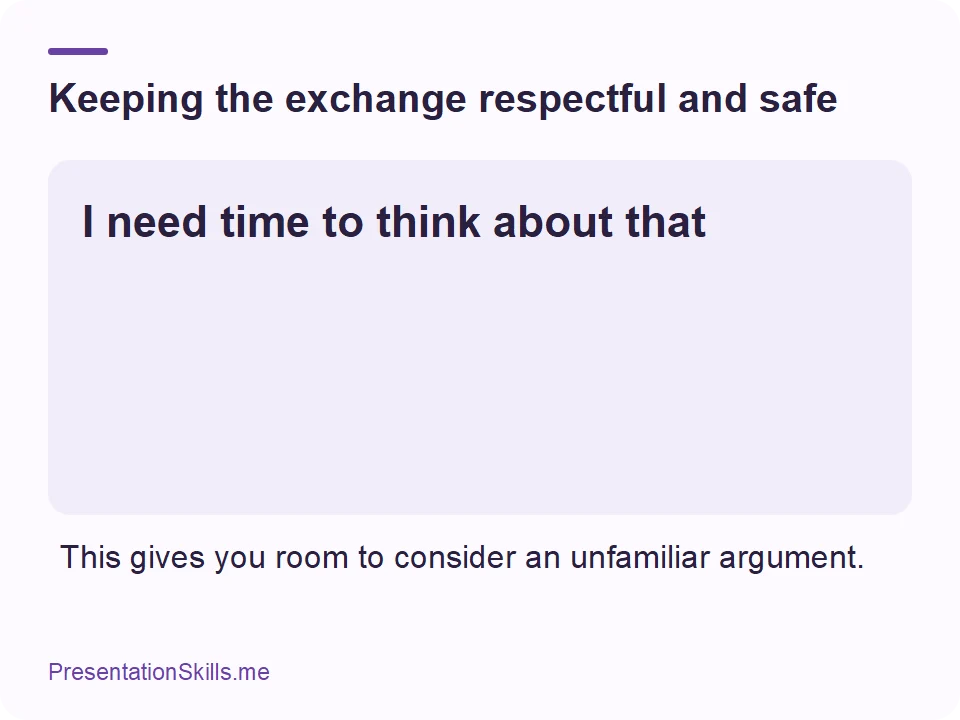 Keeping the exchange respectful and safe: I need time to think about that This gives you room to consider an unfamiliar argument.