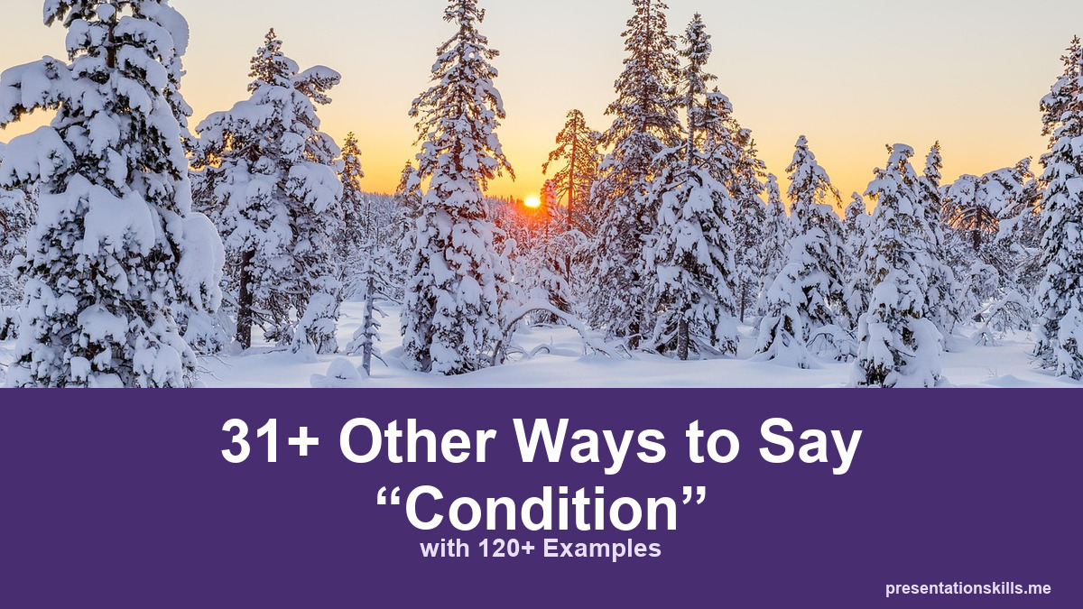 31+ other ways to say condition, with 120+ examples; Snow-covered conifers stand in a wintry landscape at sunset.
