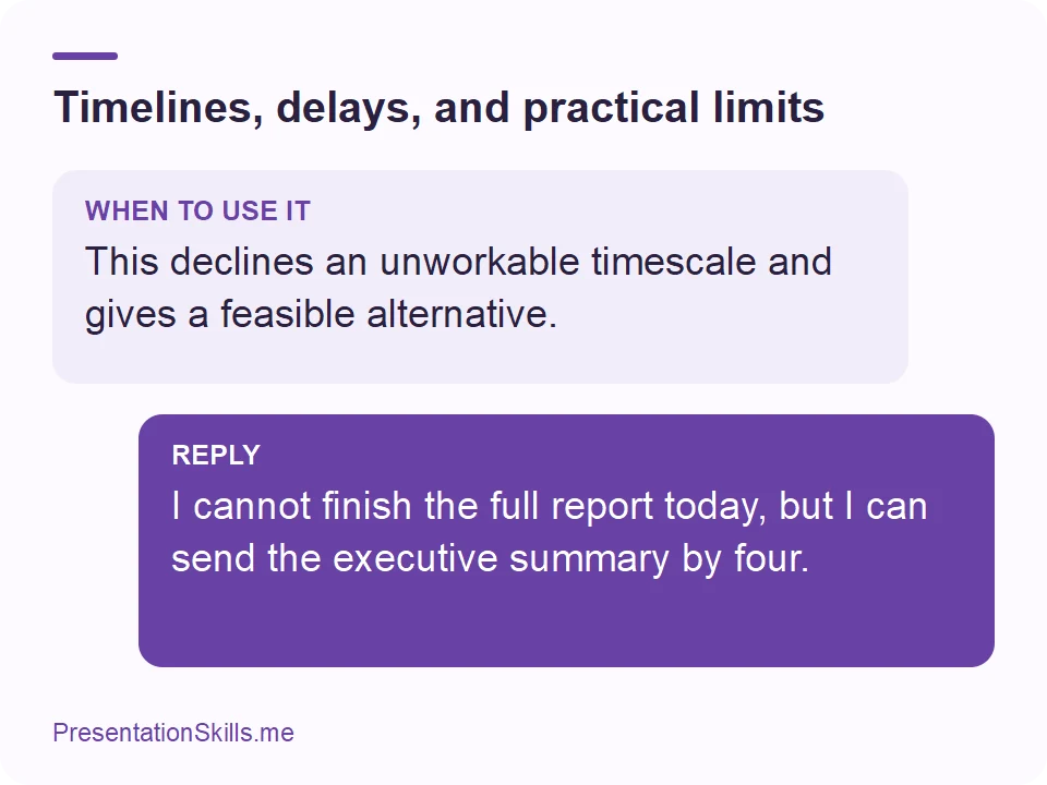 Timelines, delays, and practical limits: WHEN TO USE IT: This declines an unworkable timescale and gives a feasible alternative. REPLY: I cannot finish the full report today, but I can send the executive summary by four.