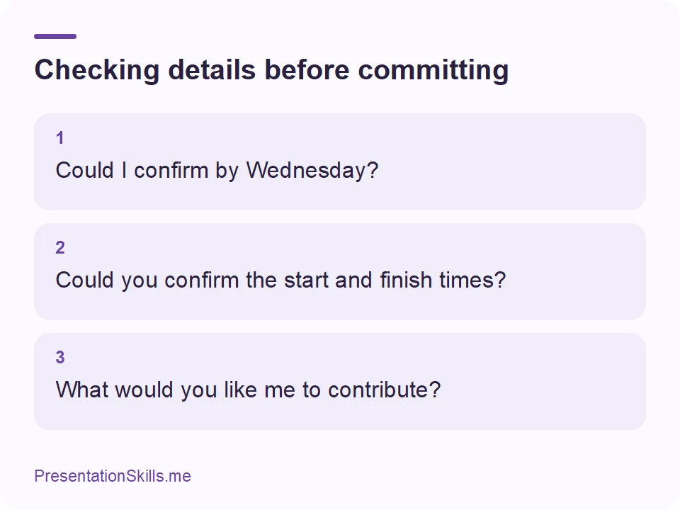 Checking details before committing: 1: Could I confirm by Wednesday? 2: Could you confirm the start and finish times? 3: What would you like me to contribute?