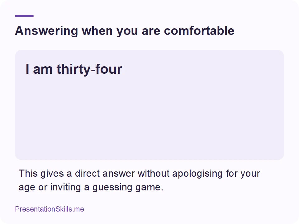 Answering when you are comfortable: I am thirty-four This gives a direct answer without apologising for your age or inviting a guessing game.