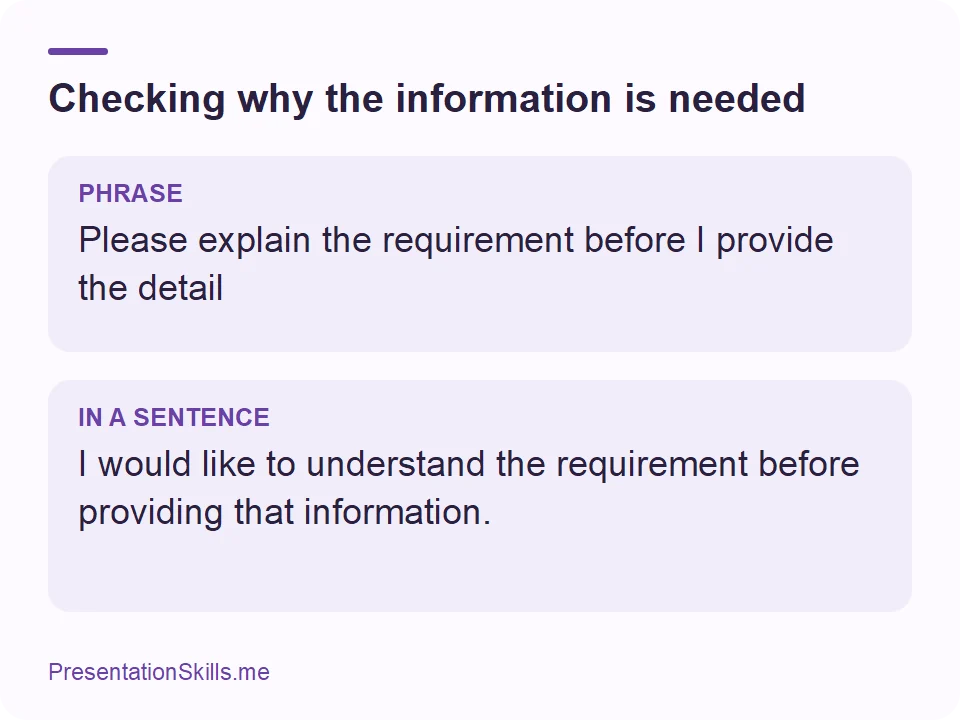 Checking why the information is needed: PHRASE: Please explain the requirement before I provide the detail IN A SENTENCE: I would like to understand the requirement before providing that information.