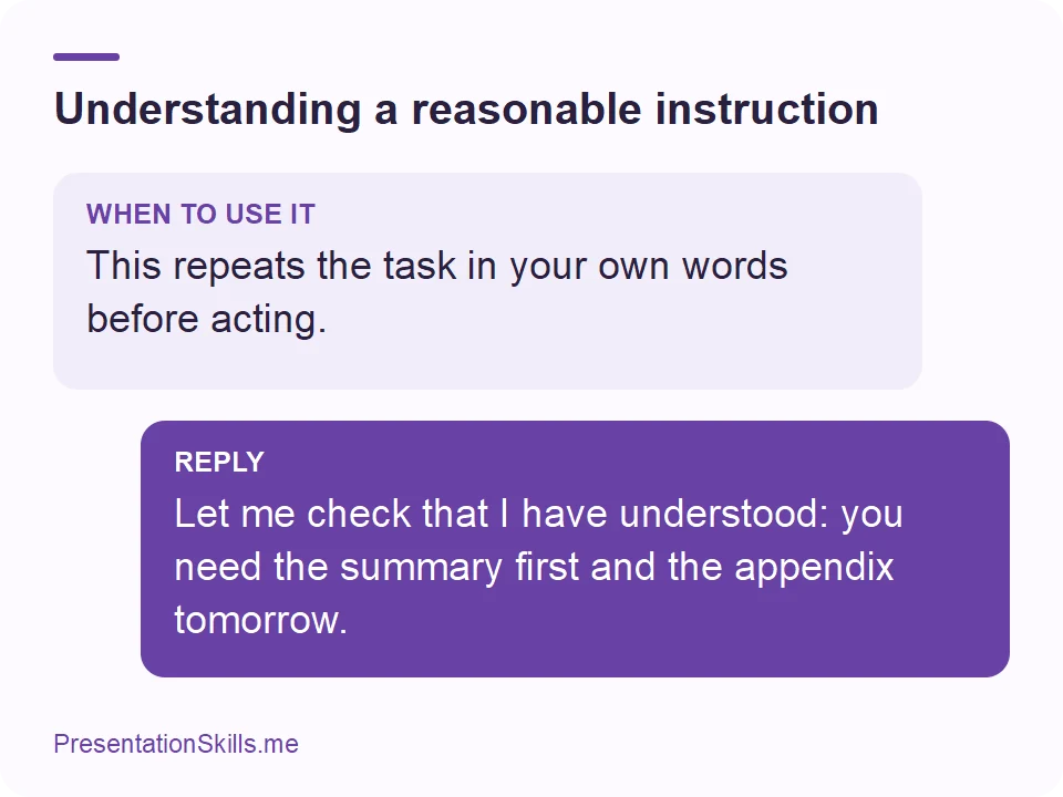 Understanding a reasonable instruction: WHEN TO USE IT: This repeats the task in your own words before acting. REPLY: Let me check that I have understood: you need the summary first and the appendix tomorrow.