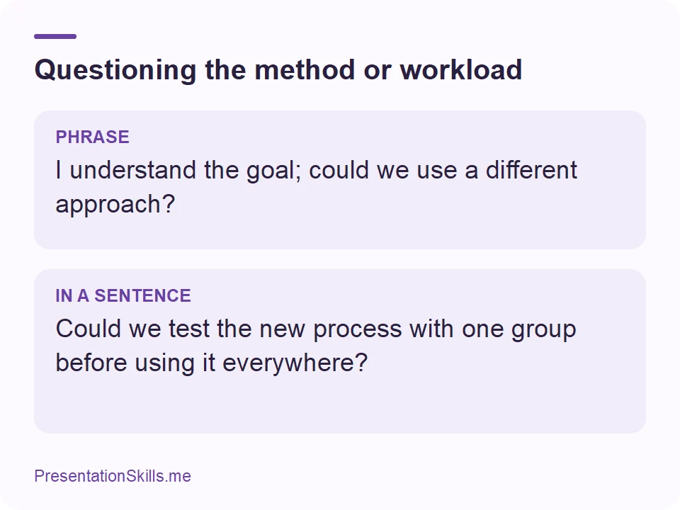 Questioning the method or workload: PHRASE: I understand the goal; could we use a different approach? IN A SENTENCE: Could we test the new process with one group before using it everywhere?