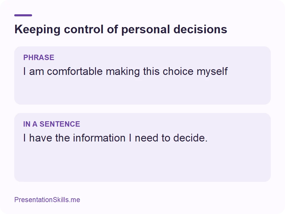 Keeping control of personal decisions: PHRASE: I am comfortable making this choice myself IN A SENTENCE: I have the information I need to decide.