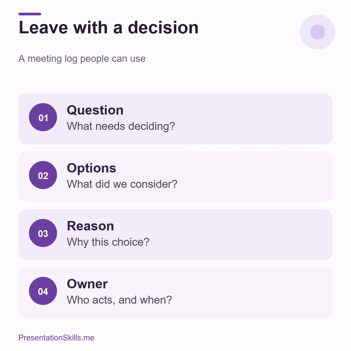 Team meeting decision log with question, options, reason, and owner.