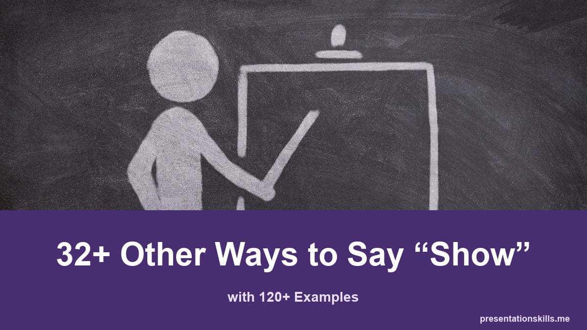 32+ other ways to say show, with 120+ examples; A chalk drawing depicts a presenter pointing at a display board.
