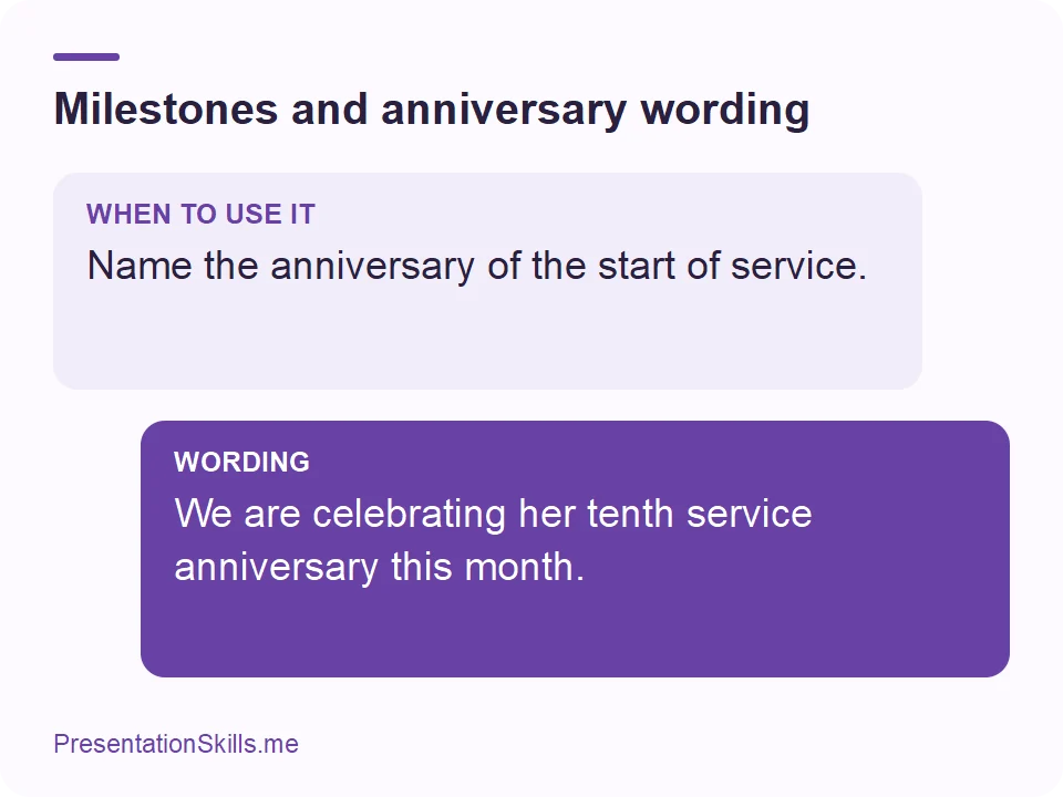Milestones and anniversary wording: WHEN TO USE IT: Name the anniversary of the start of service. WORDING: We are celebrating her tenth service anniversary this month.