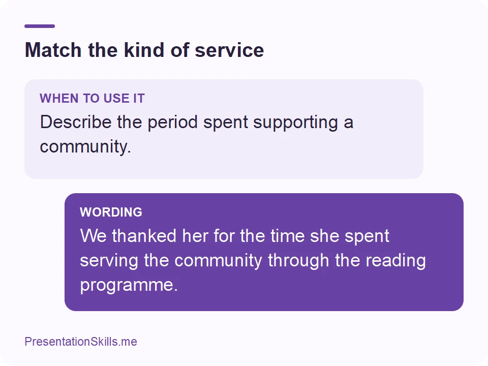 Match the kind of service: WHEN TO USE IT: Describe the period spent supporting a community. WORDING: We thanked her for the time she spent serving the community through the reading programme.