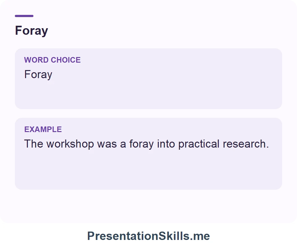 Foray: The workshop was a foray into practical research.