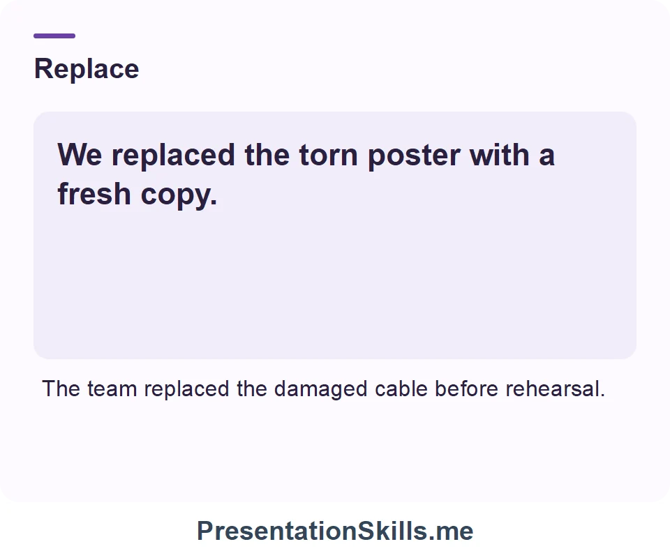 Replace: We replaced the torn poster with a fresh copy.
