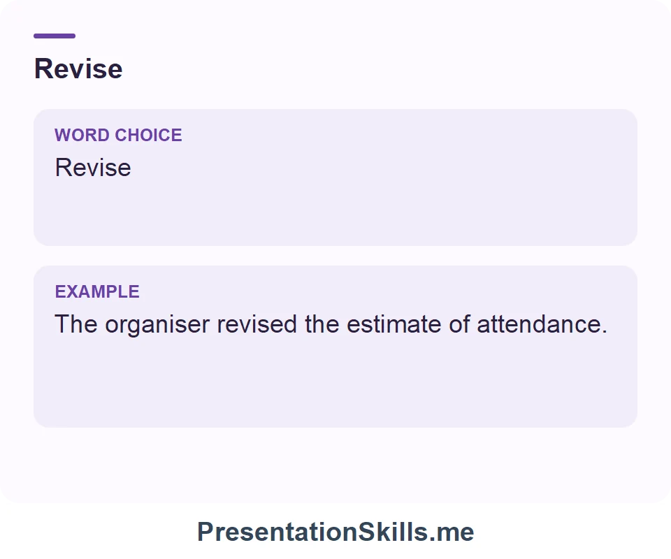 Revise: The organiser revised the estimate of attendance.
