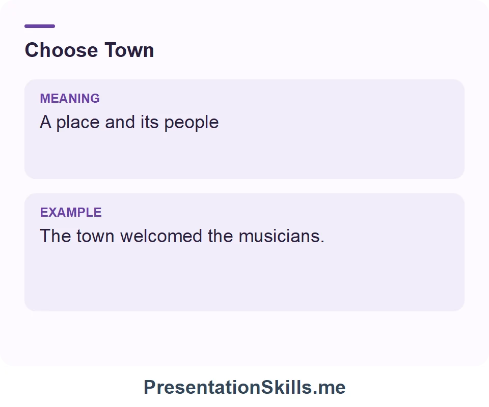 Town: A place and its people. Example: The town welcomed the musicians.