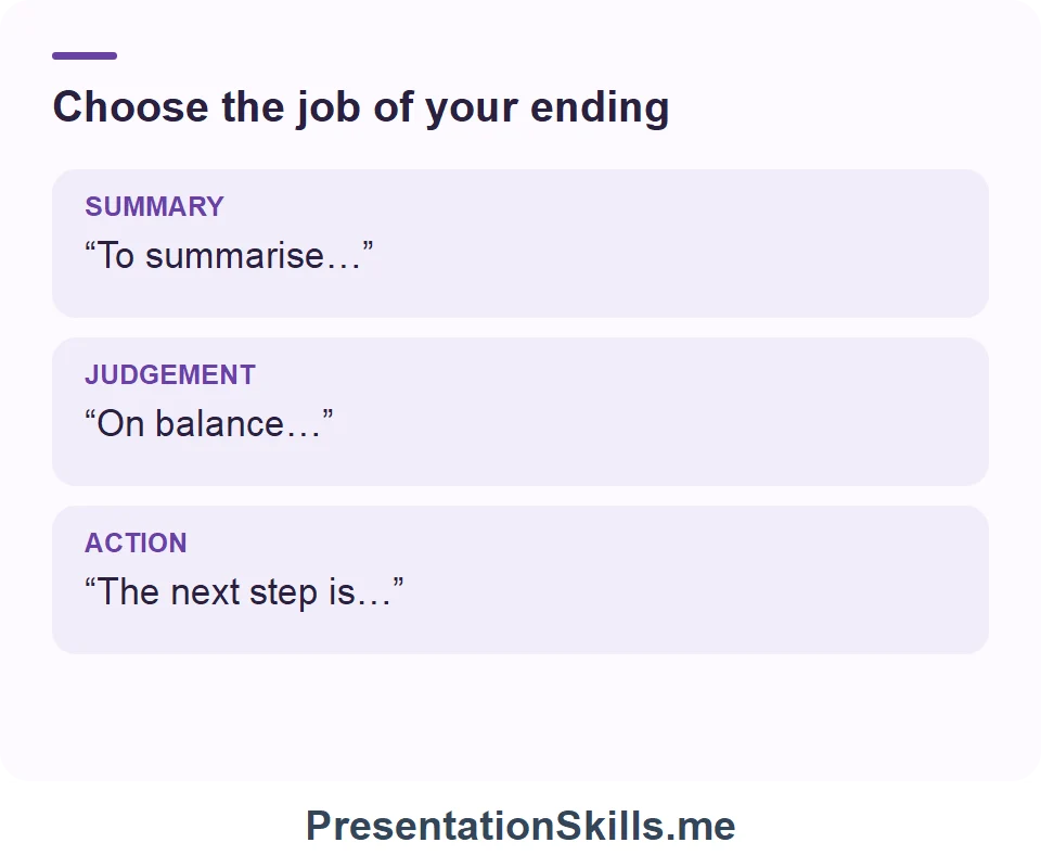 Choose the job of your ending: SUMMARY: “To summarise…” JUDGEMENT: “On balance…” ACTION: “The next step is…”