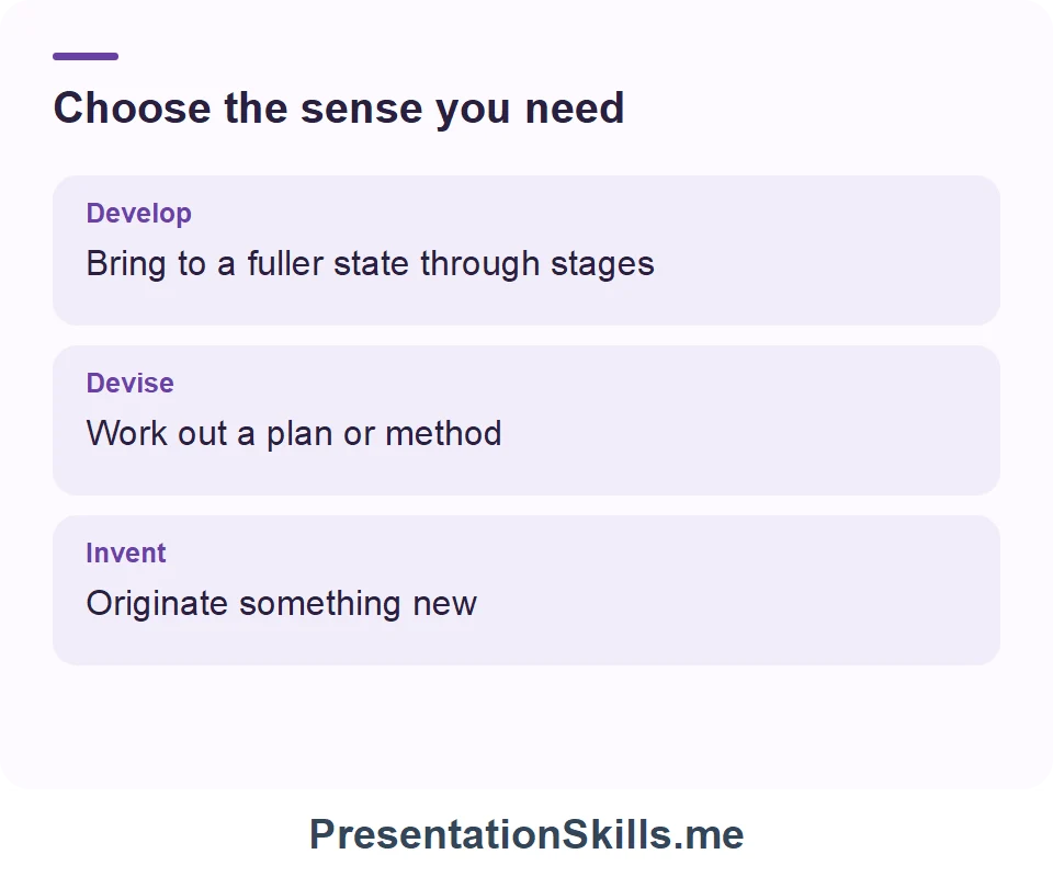 Develop: Bring to a fuller state through stages; Devise: Work out a plan or method; Invent: Originate something new