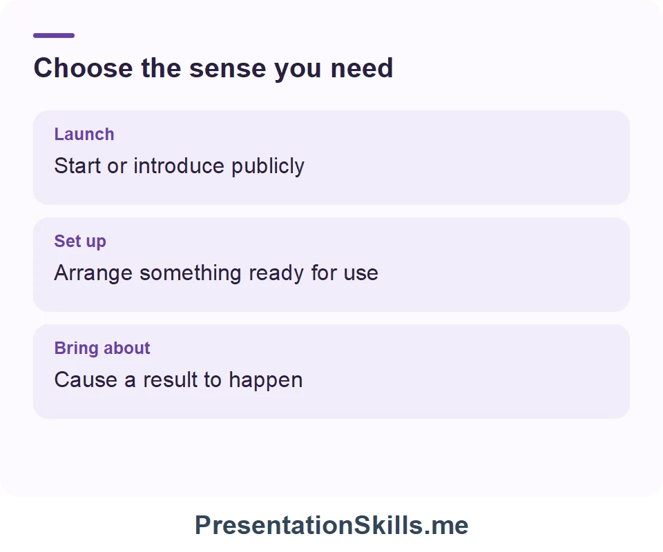 Launch: Start or introduce publicly; Set up: Arrange something ready for use; Bring about: Cause a result to happen