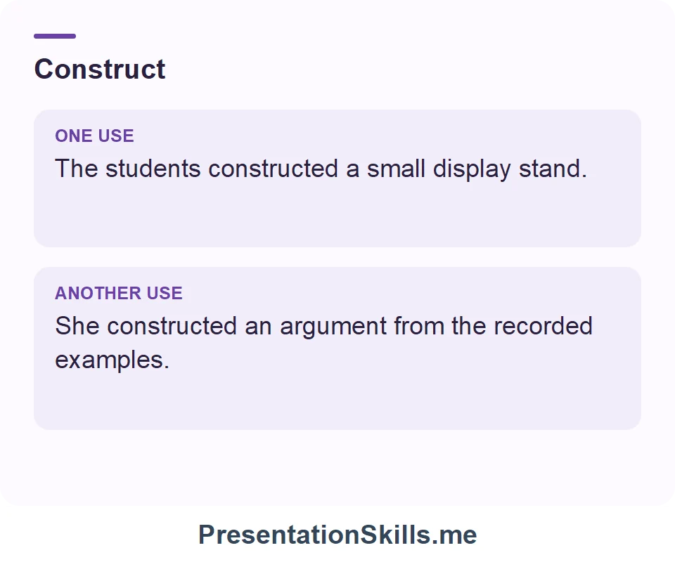 The students constructed a small display stand. She constructed an argument from the recorded examples.