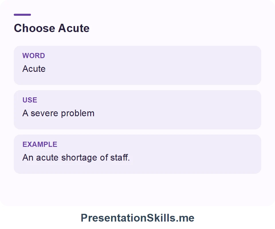 Acute: A severe problem. Example: An acute shortage of staff.