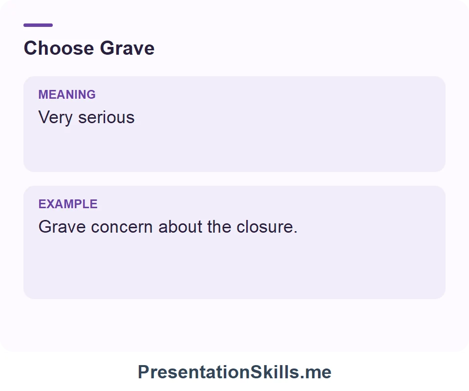 Grave: Very serious. Example: Grave concern about the closure.