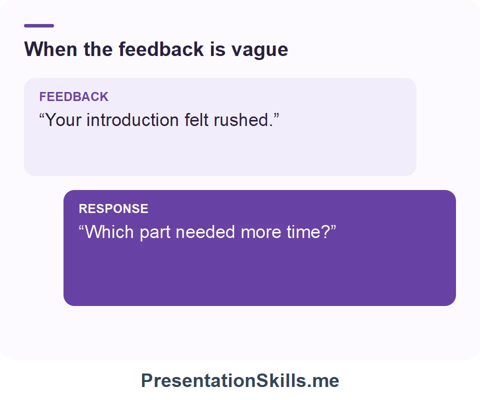 When the feedback is vague: FEEDBACK: “Your introduction felt rushed.” RESPONSE: “Which part needed more time?”