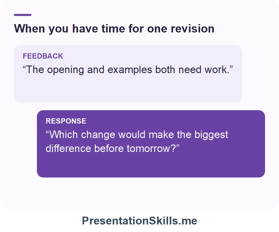 When you have time for one revision: FEEDBACK: “The opening and examples both need work.” RESPONSE: “Which change would make the biggest difference before tomorrow?”