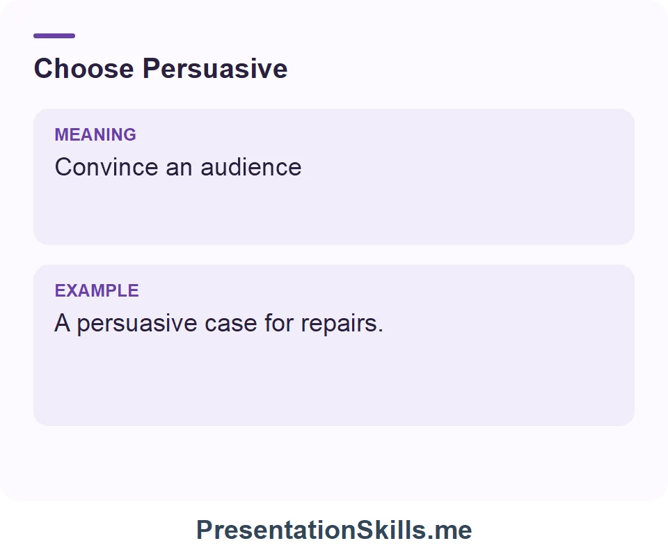 Persuasive: Convince an audience. Example: A persuasive case for repairs.