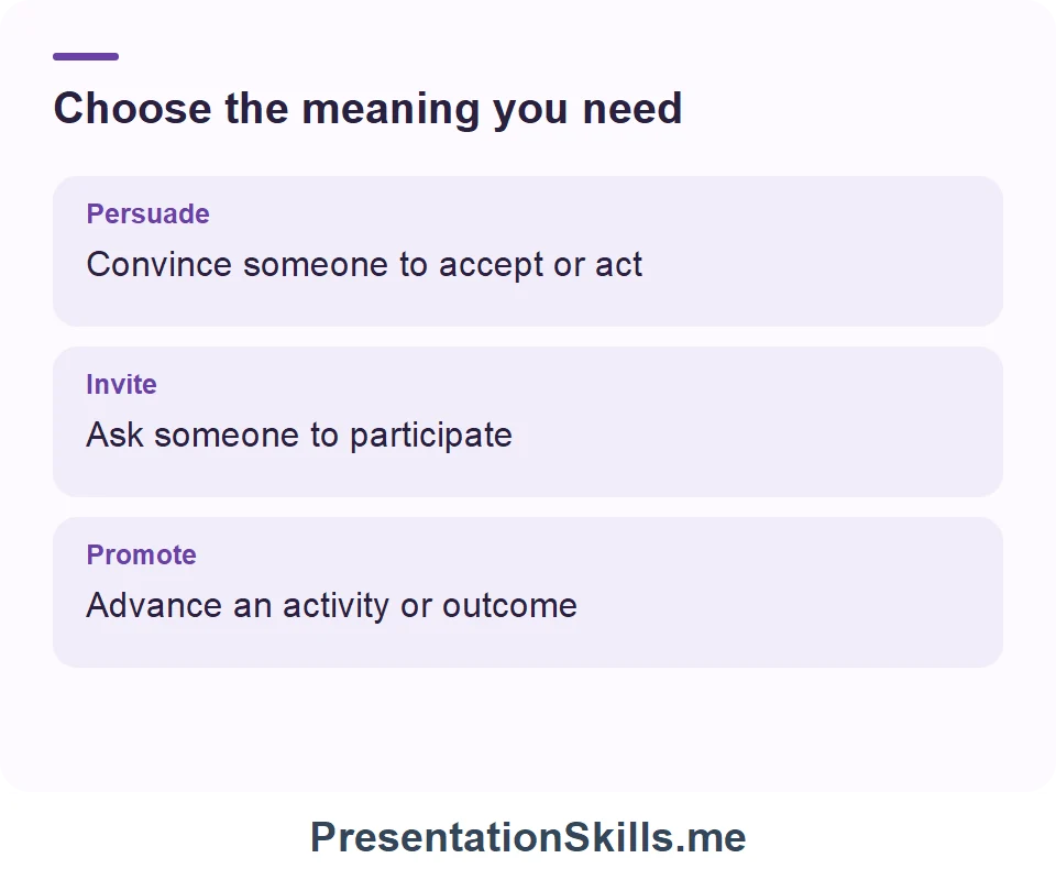 Persuade: Convince someone to accept or act; Invite: Ask someone to participate; Promote: Advance an activity or outcome