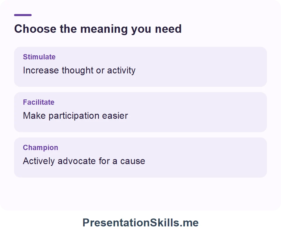 Stimulate: Increase thought or activity; Facilitate: Make participation easier; Champion: Actively advocate for a cause