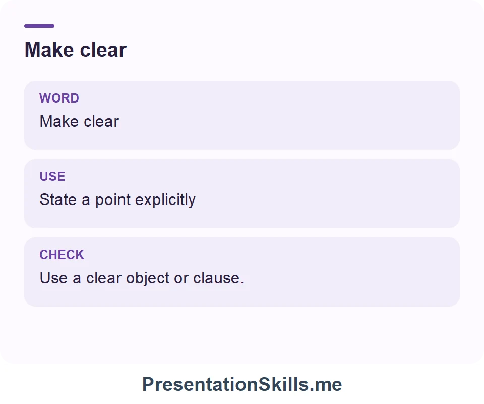 Make clear: Make clear State a point explicitly Use a clear object or clause.