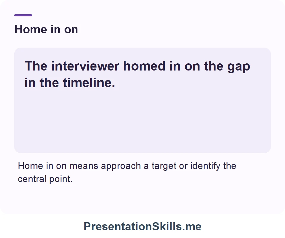 Home in on: The interviewer homed in on the gap in the timeline.