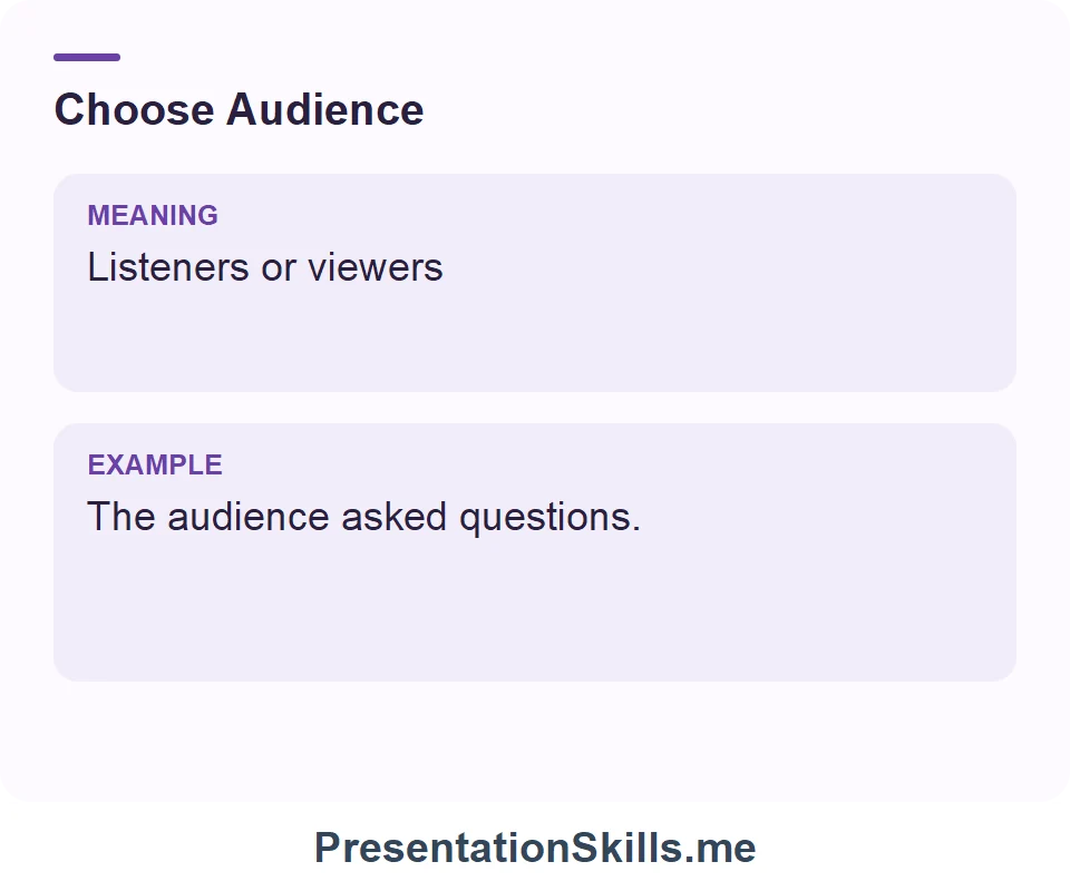 Audience: Listeners or viewers. Example: The audience asked questions.