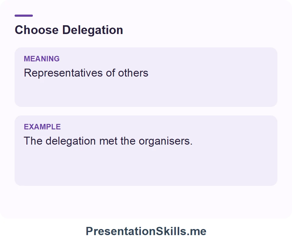 Delegation: Representatives of others. Example: The delegation met the organisers.