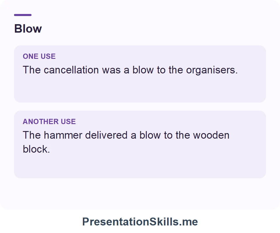 The cancellation was a blow to the organisers. The hammer delivered a blow to the wooden block.