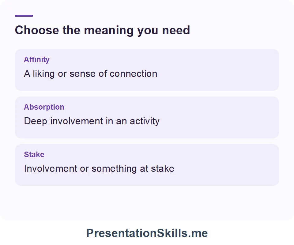 Affinity: A liking or sense of connection; Absorption: Deep involvement in an activity; Stake: Involvement or something at stake