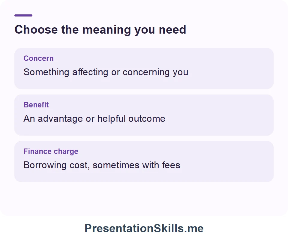 Concern: Something affecting or concerning you; Benefit: An advantage or helpful outcome; Finance charge: Borrowing cost, sometimes with fees