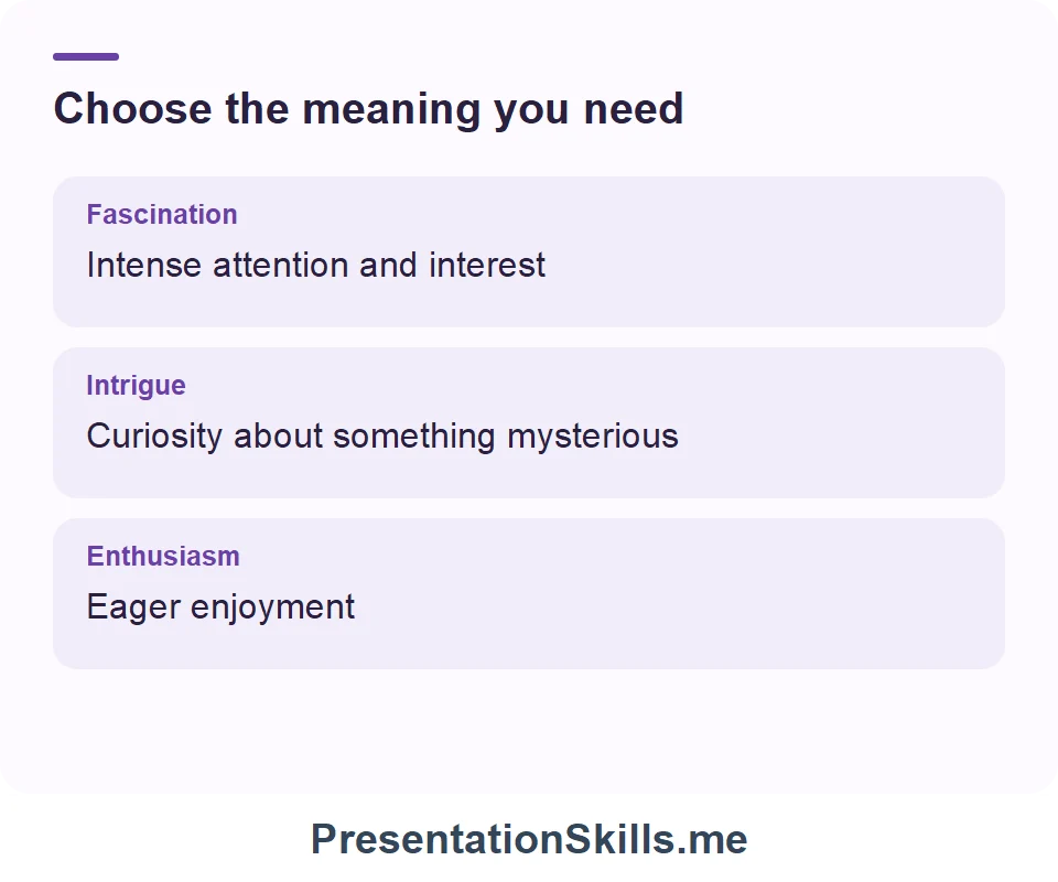 Fascination: Intense attention and interest; Intrigue: Curiosity about something mysterious; Enthusiasm: Eager enjoyment