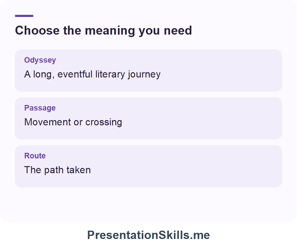 Odyssey: A long, eventful literary journey; Passage: Movement or crossing; Route: The path taken