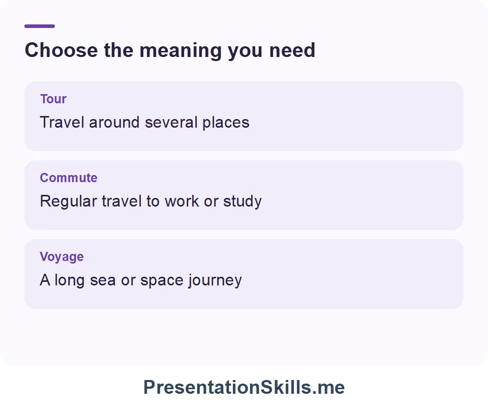 Tour: Travel around several places; Commute: Regular travel to work or study; Voyage: A long sea or space journey