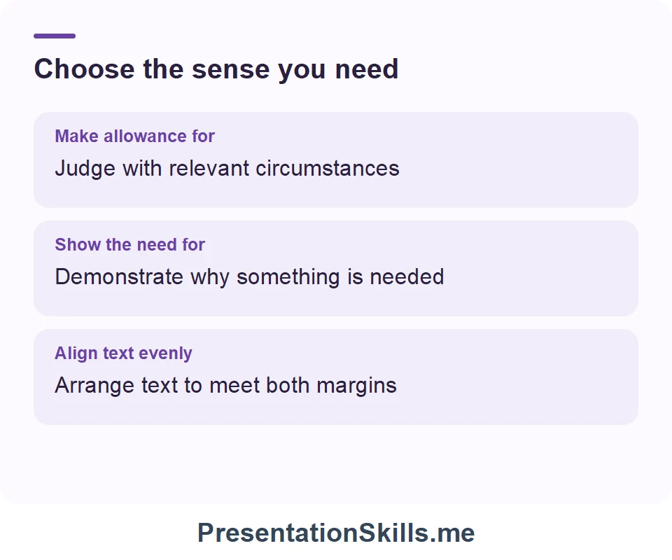 Make allowance for: Judge with relevant circumstances; Show the need for: Demonstrate why something is needed; Align text evenly: Arrange text to meet both margins