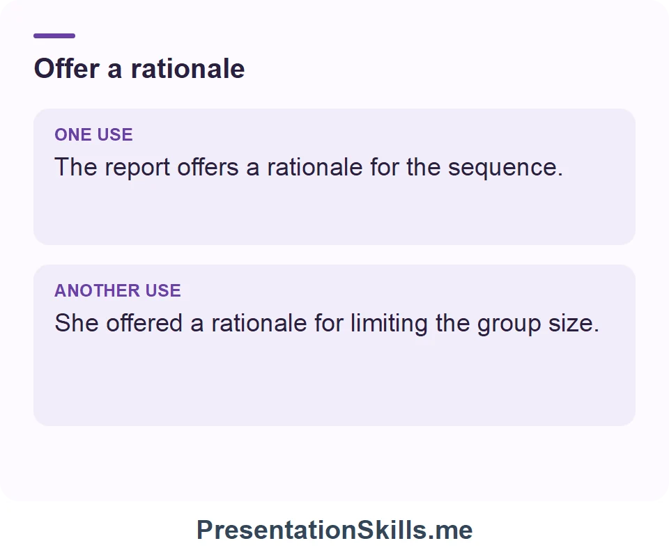 The report offers a rationale for the sequence. She offered a rationale for limiting the group size.
