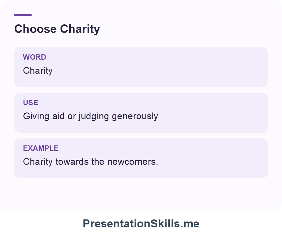 Charity: Giving aid or judging generously. Example: Charity towards the newcomers.