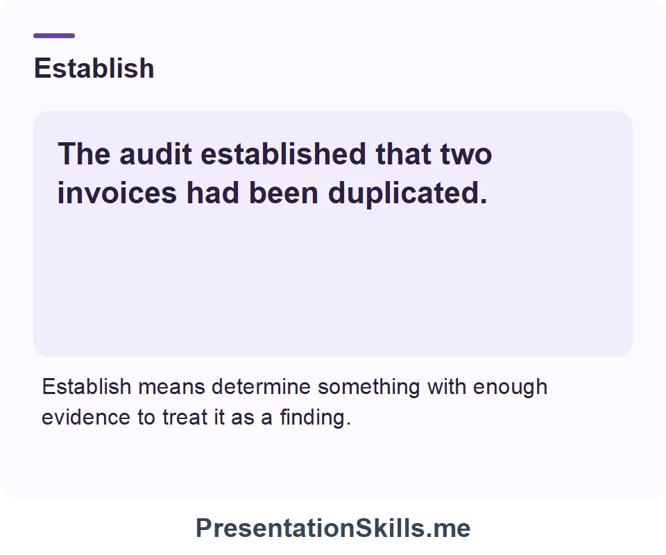 Establish: The audit established that two invoices had been duplicated.
