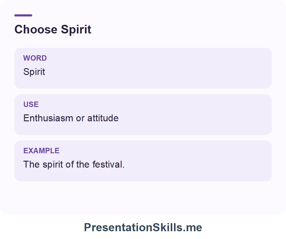 Spirit: Enthusiasm or attitude. Example: The spirit of the festival.