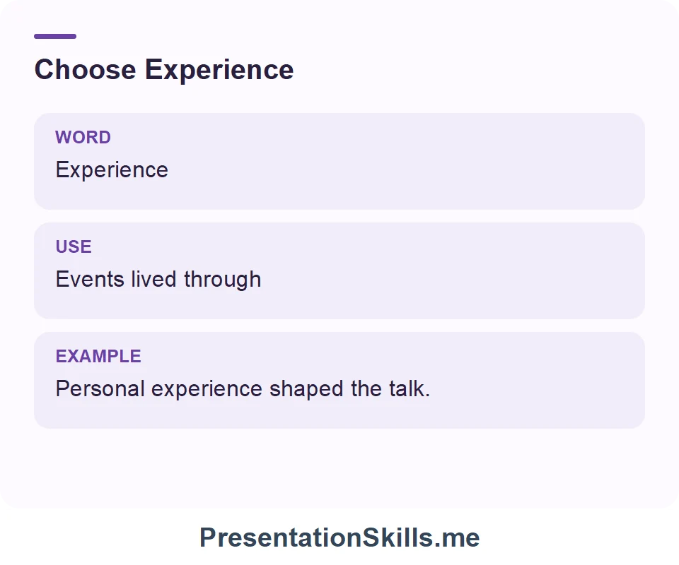 Experience: Events lived through. Example: Personal experience shaped the talk.