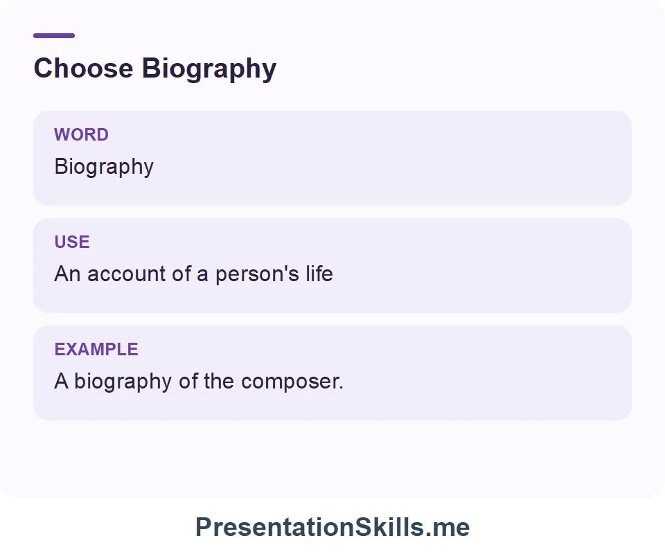 Biography: An account of a person's life. Example: A biography of the composer.