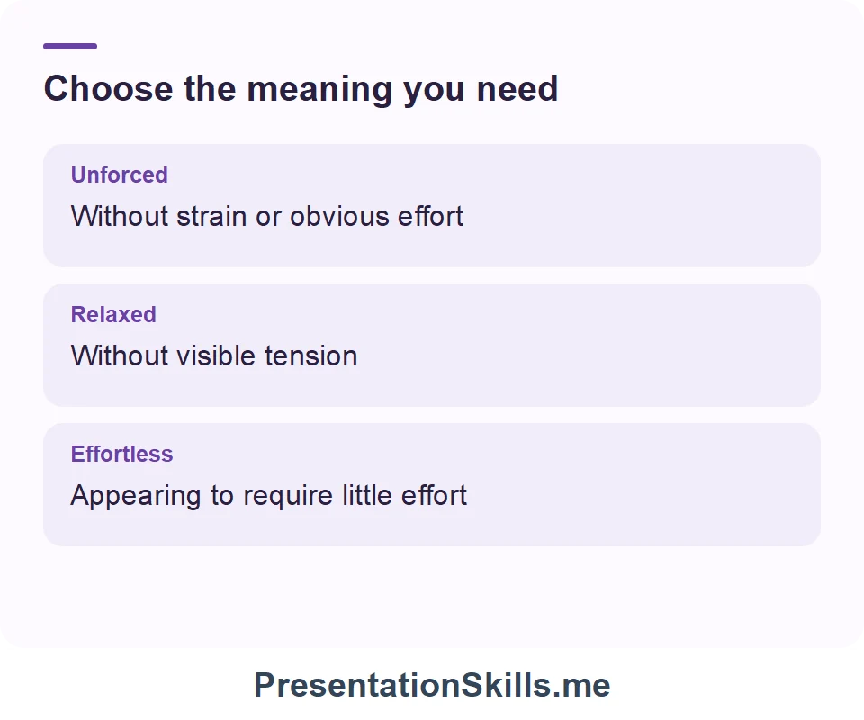 Unforced: Without strain or obvious effort; Relaxed: Without visible tension; Effortless: Appearing to require little effort