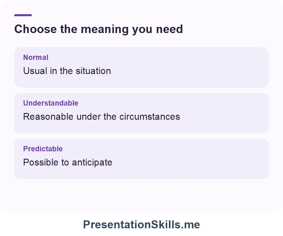 Normal: Usual in the situation; Understandable: Reasonable under the circumstances; Predictable: Possible to anticipate