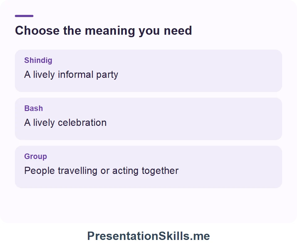 Shindig: A lively informal party; Bash: A lively celebration; Group: People travelling or acting together