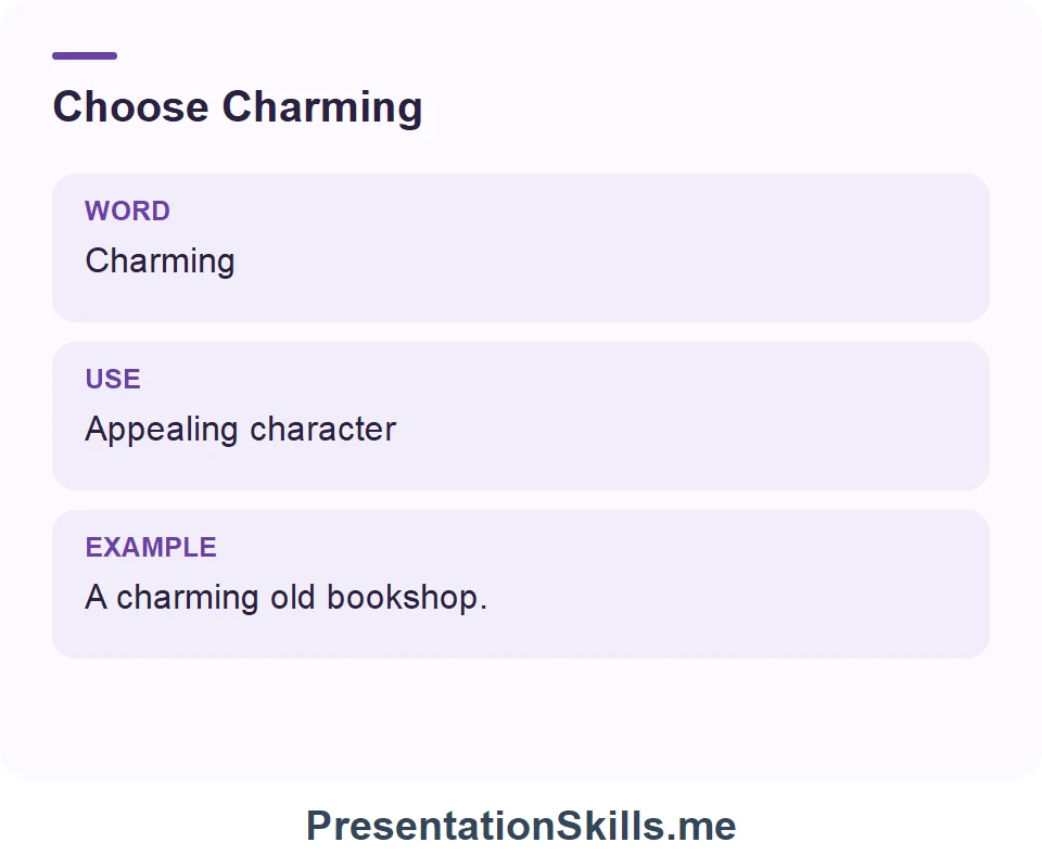 Charming: Appealing character. Example: A charming old bookshop.